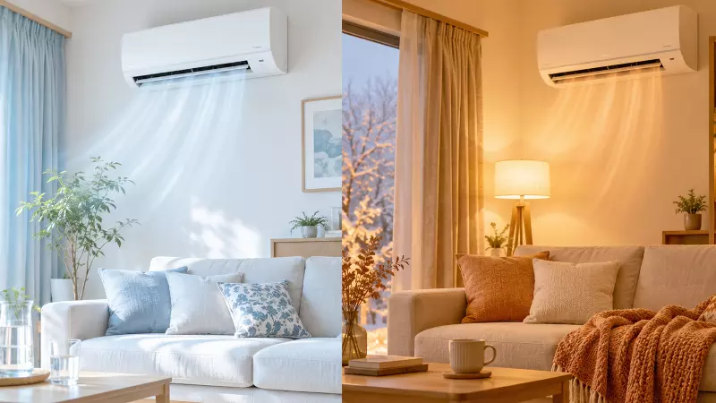冷房がついた夏の涼しい部屋と、暖房がついた冬の温かな部屋を左右に比較した画像